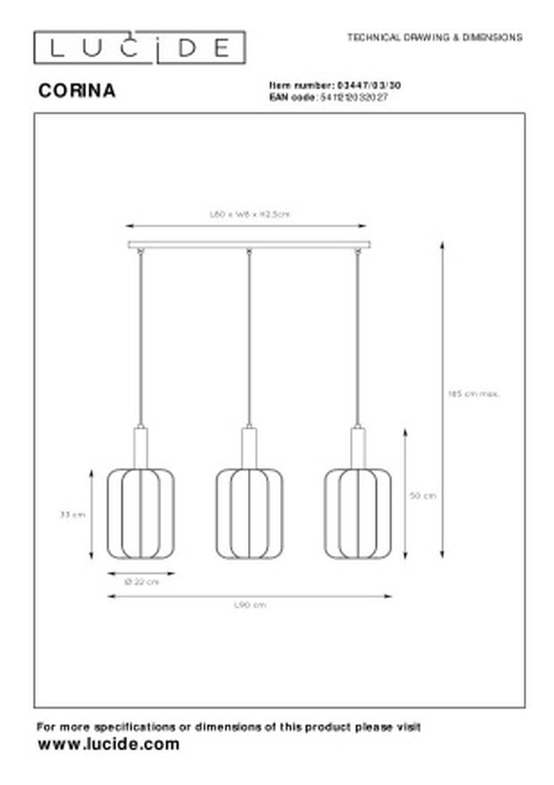 Lucide CORINA - Závesné svietidlo - 3xE27 - Čierne